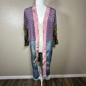 NWOT Karma Highway Kimono Silk OS Colorful Floral Patchwork Lightweight Boho